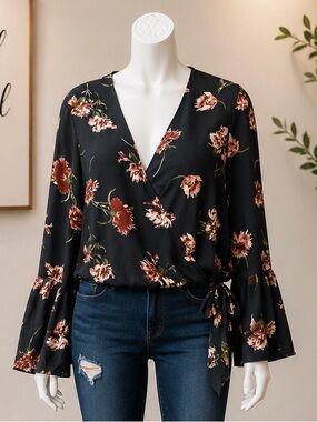 ANAMÁ Black Floral Top - Black with Rust & Green Print